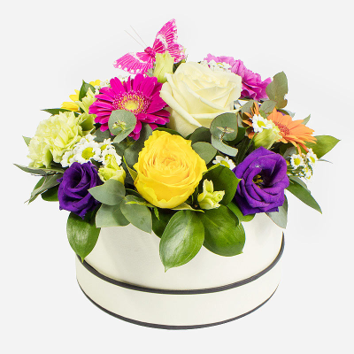 Butterfly Wishes Hat Box - A charming hat box arrangement in bright, cheerful colours, beautifully arranged with flowers dependent on seasonal availability.
