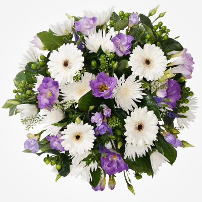 Lilac Posy - A graceful white and lilac posy arranged with fresh seasonal flowers to offer comfort and heartfelt remembrance.